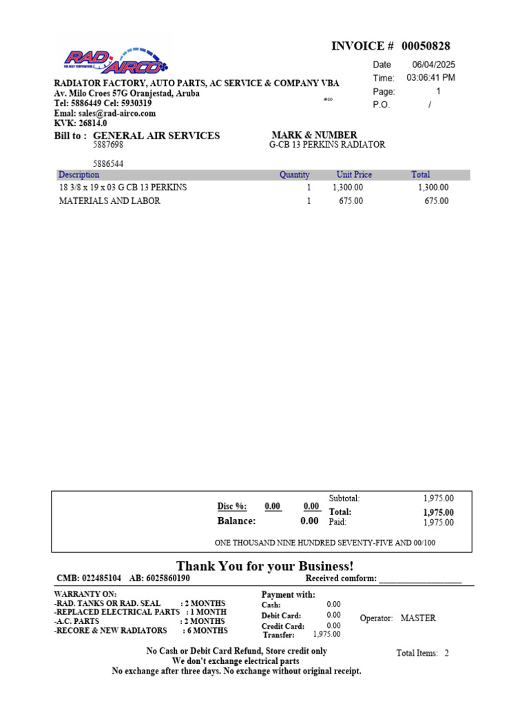 RAD AIRCO Invoice #00050828 Summary | PDF | Banking Technology ...