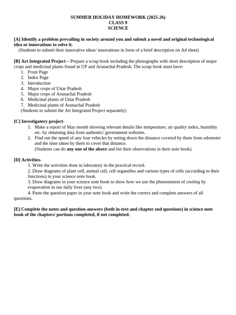 Class 9 Science Summer Homework 2025-26 | PDF