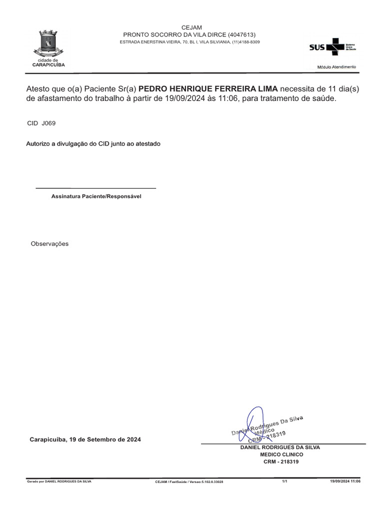 Atestado Médico CID J069 - 11 Dias | PDF