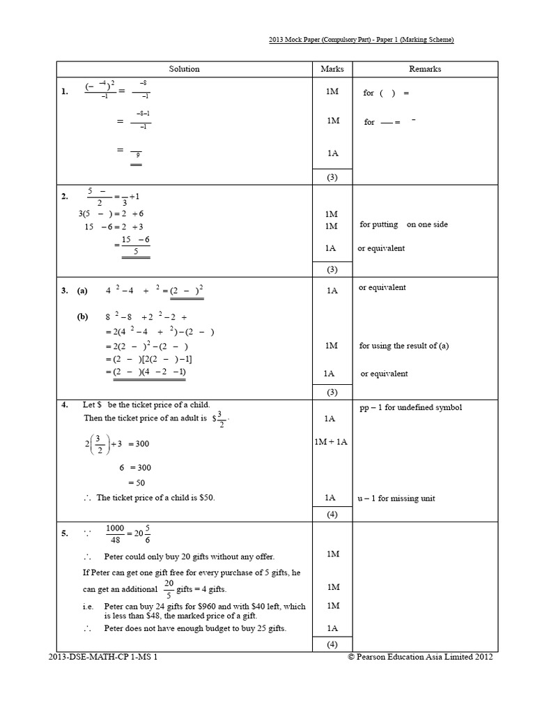 2013 Math Mock Paper Marking Scheme | PDF | Mathematics | Elementary ...