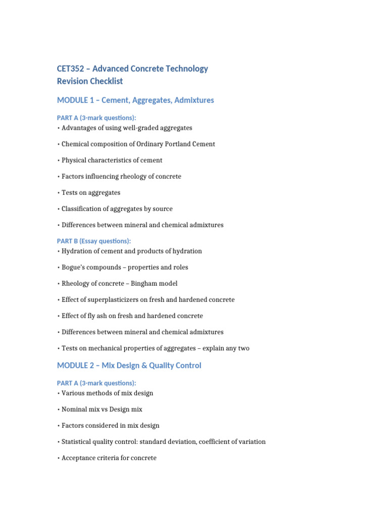 CET352 Concrete Technology Revision Checklist | PDF | Concrete ...