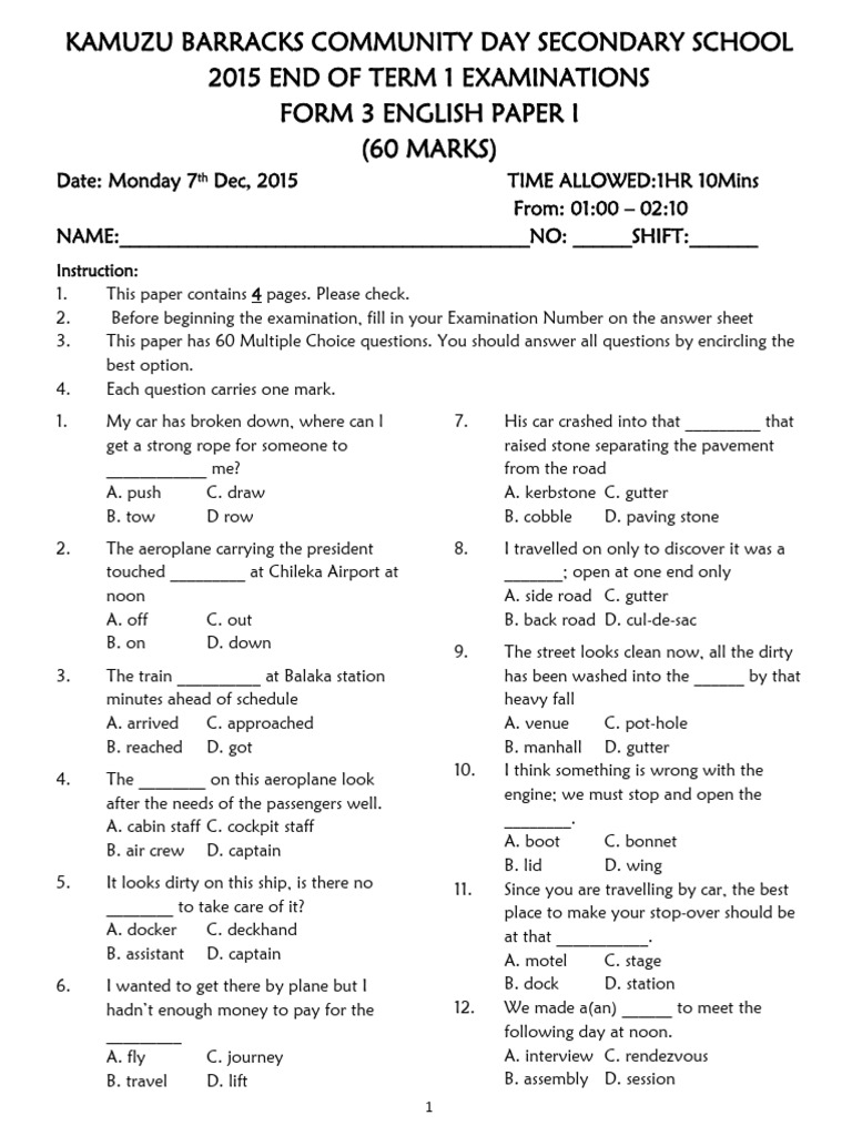 2015 KB Form 3 Term 1 English Paper I | PDF | Adjective | Adverb