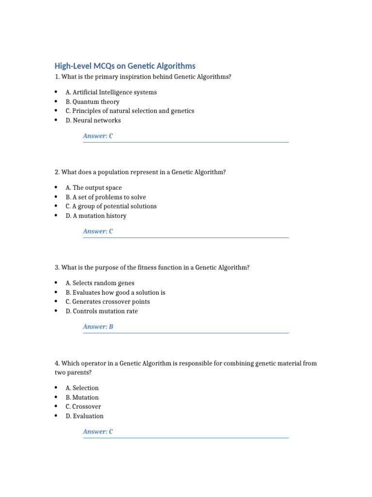 Genetic Algorithms: MCQs and Insights | PDF | Genetic Algorithm | Genetics