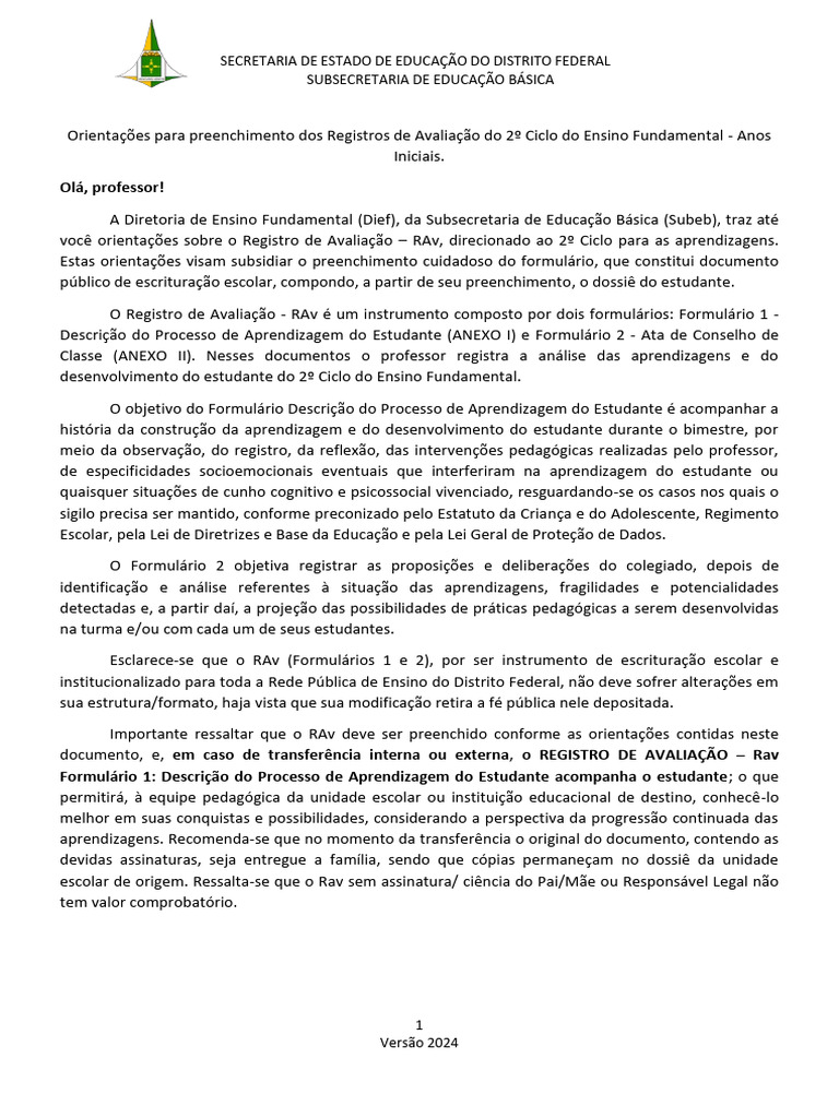 Orientações para Registro de Avaliação RAv | PDF | Pedagogia | Aprendizado