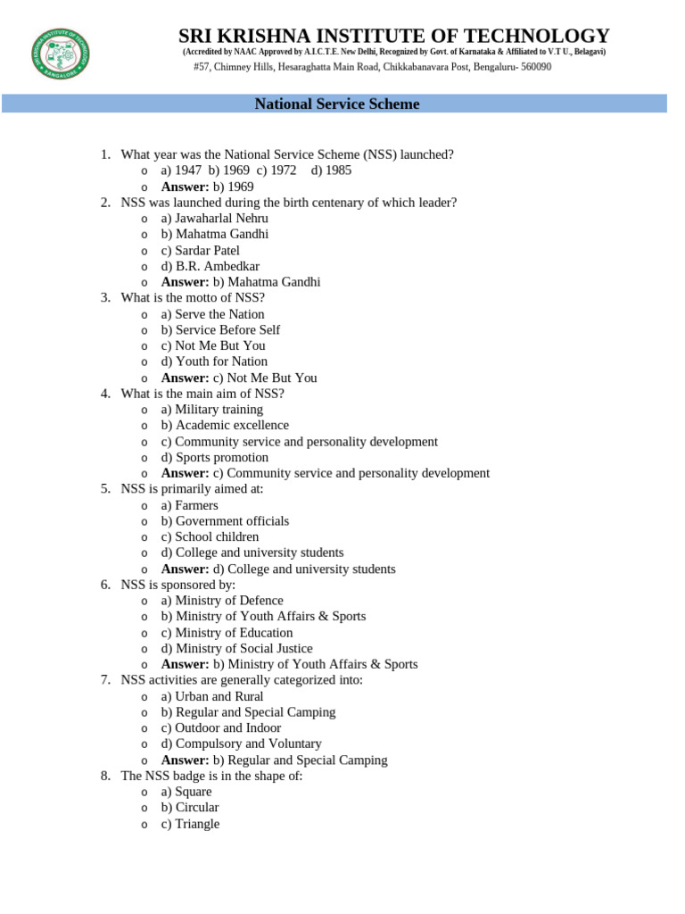 NSS Questions and Answers Guide | PDF | Volunteering
