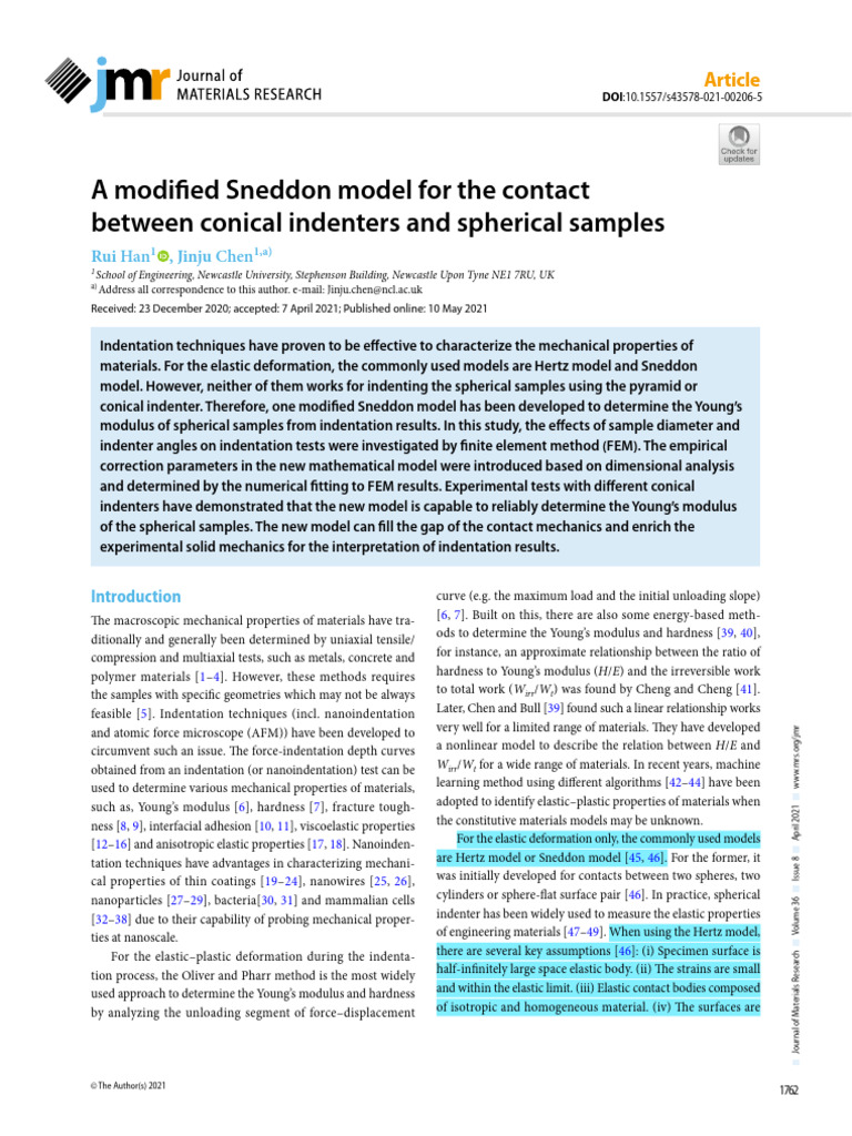 Modified Sneddon Model for Indentation | PDF | Elasticity (Physics ...