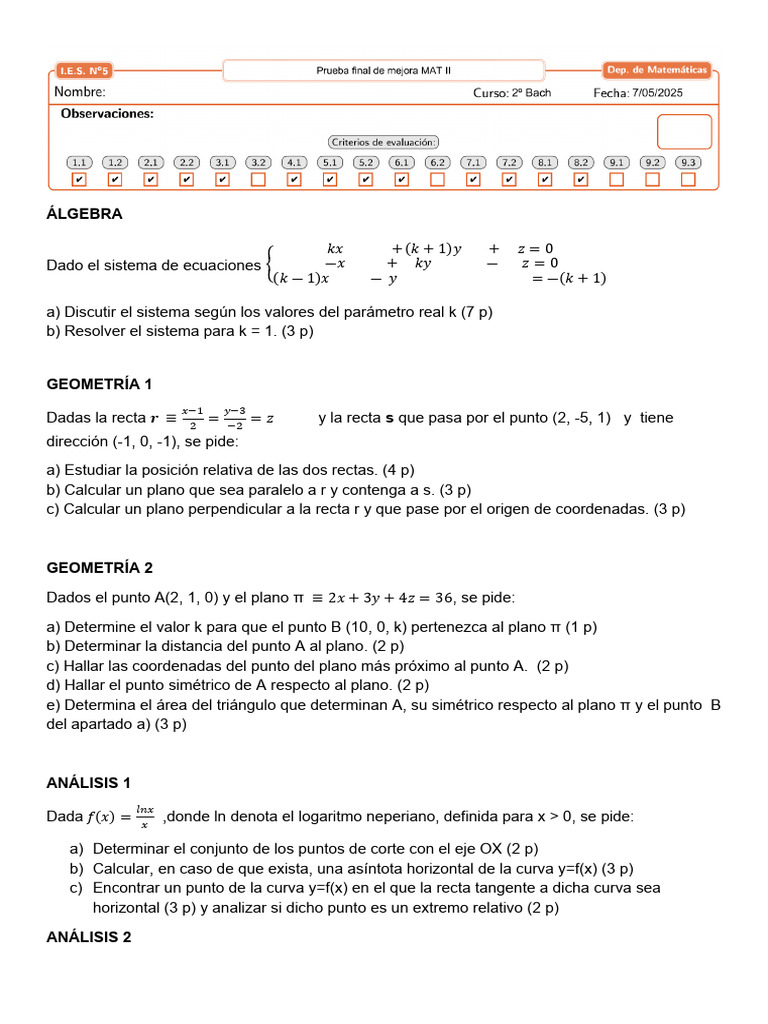 Prueba de Mejora Mat II | PDF | Línea (geometría) | Geometría