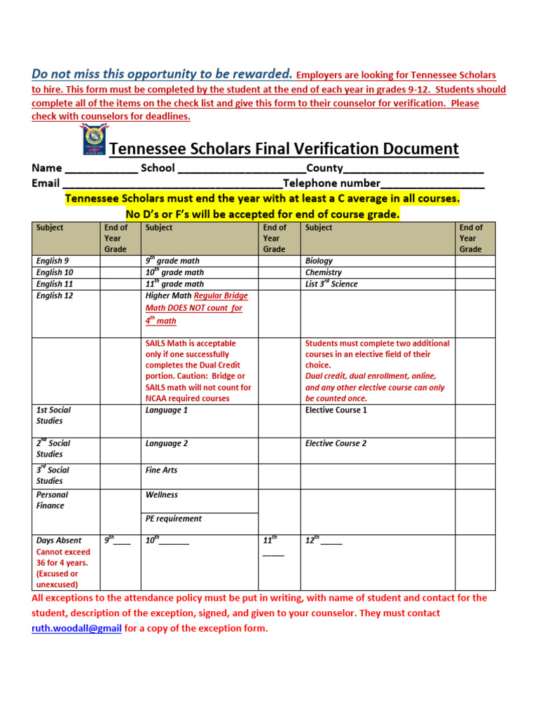 Tennessee Scholars Checklist and Volunteer Form-2015 | PDF