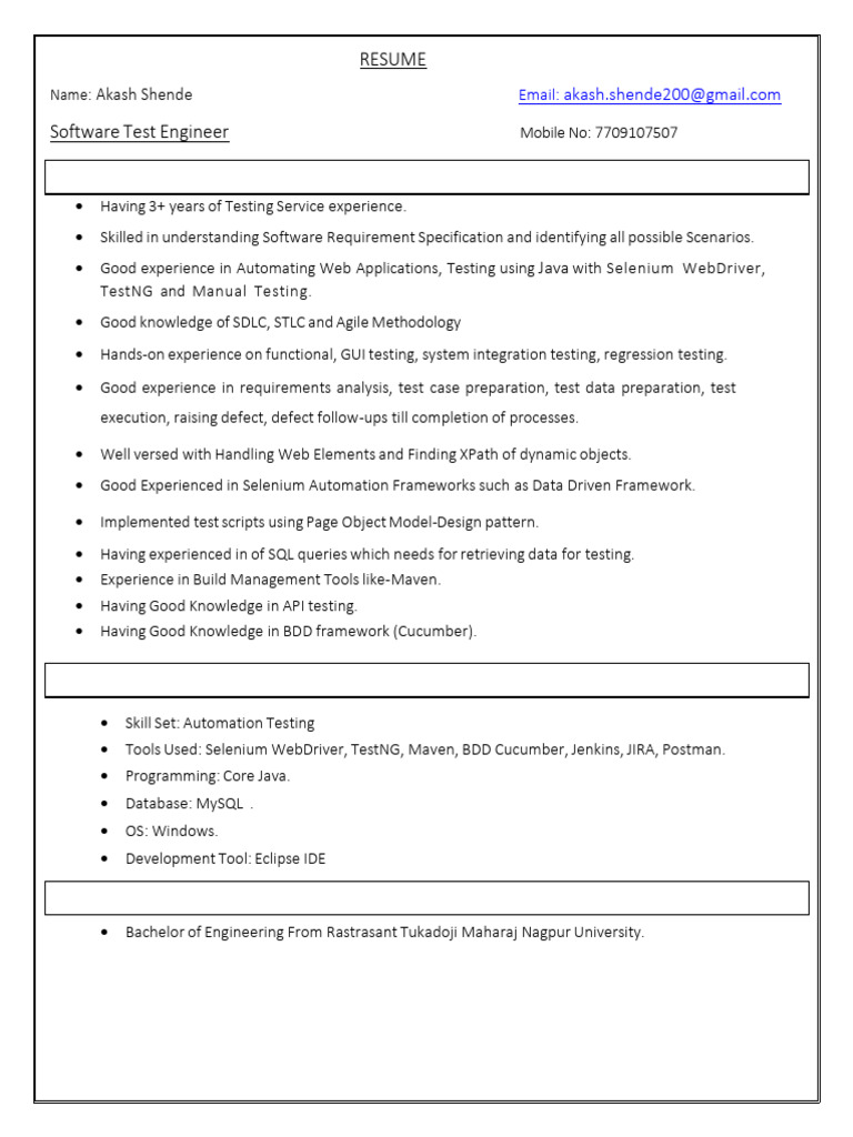Software Test Engineer Resume - Akash Shende | PDF | Selenium (Software ...