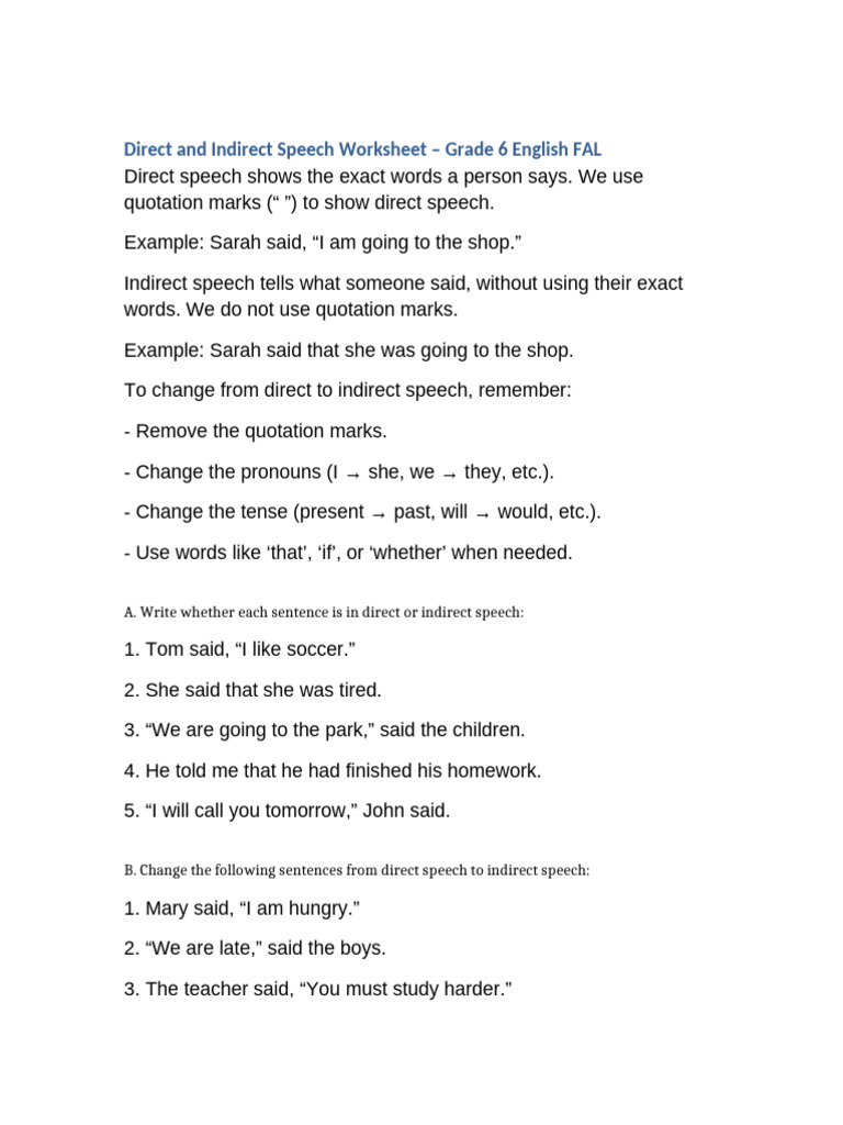 Grade 6 Direct and Indirect Speech Worksheet | PDF