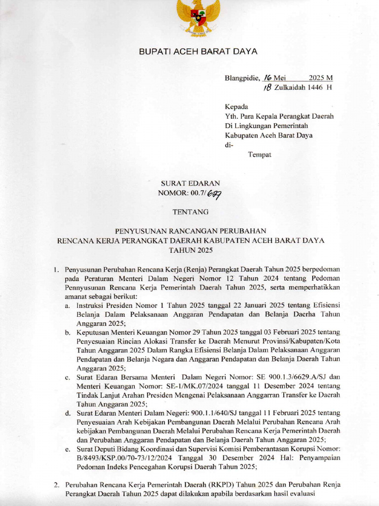 Surat Edaran Perubahan RKPD 2025 | PDF
