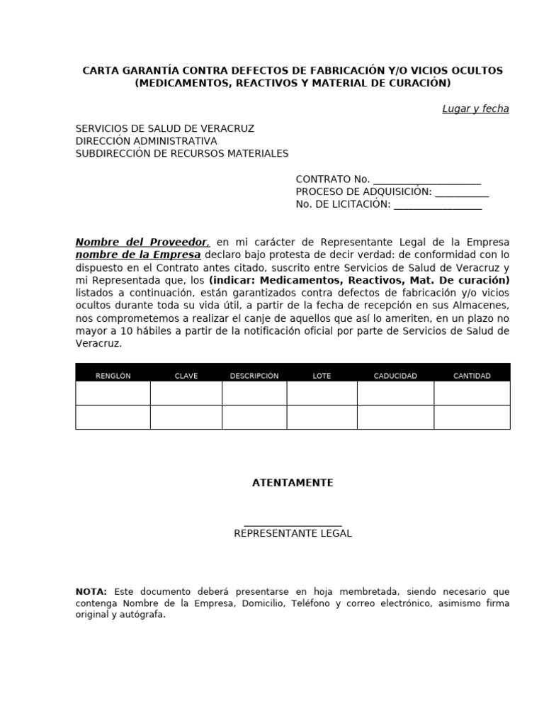 Carta de Garantía por Vicios Ocultos PDF