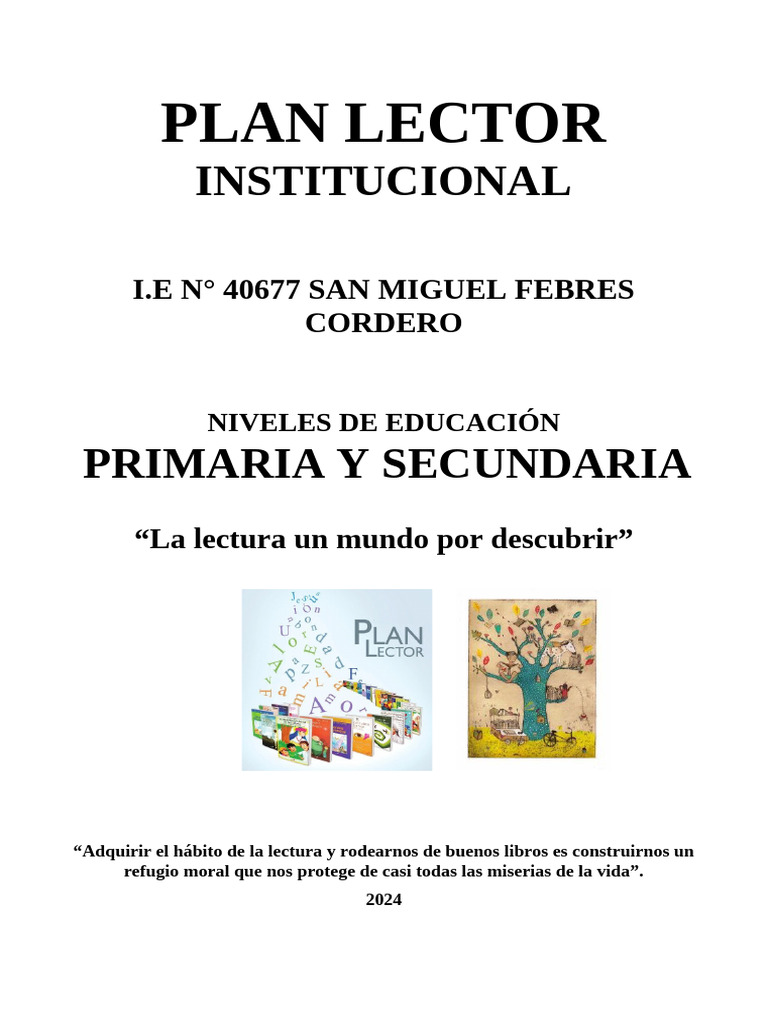 Plan Lector Institucional 2024 | PDF | Comprensión lectora | Educación ...