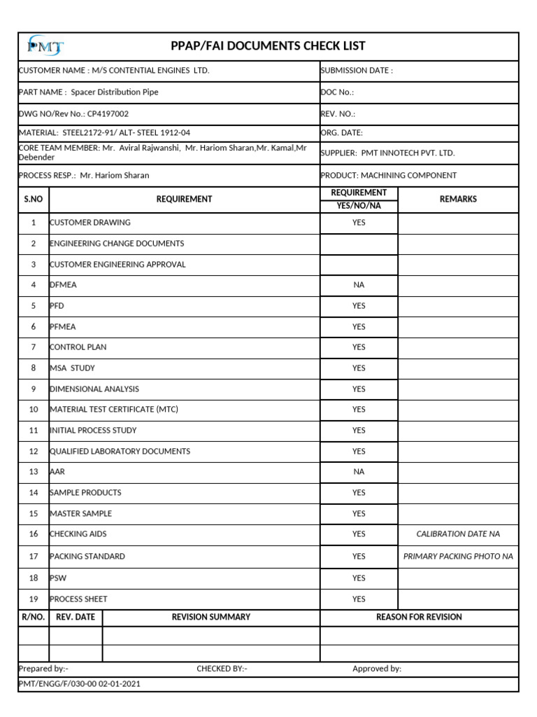 PPAP FAI Checklist for Spacer Pipe | PDF