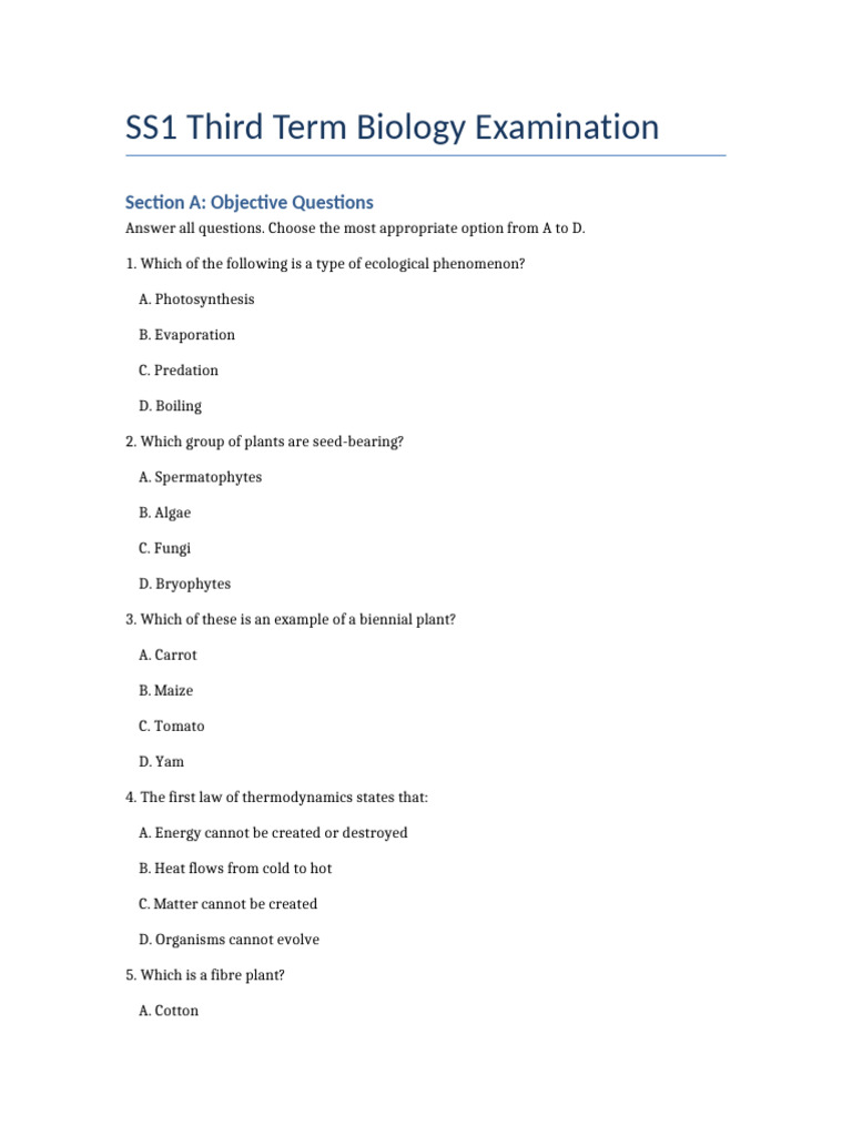 SS1 Third Term Biology Exam Questions | PDF | Plants | Agriculture