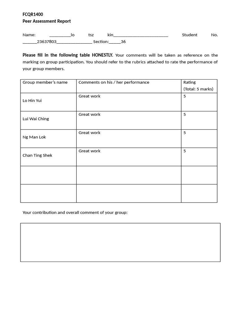 Peer Assessment Report Template | PDF