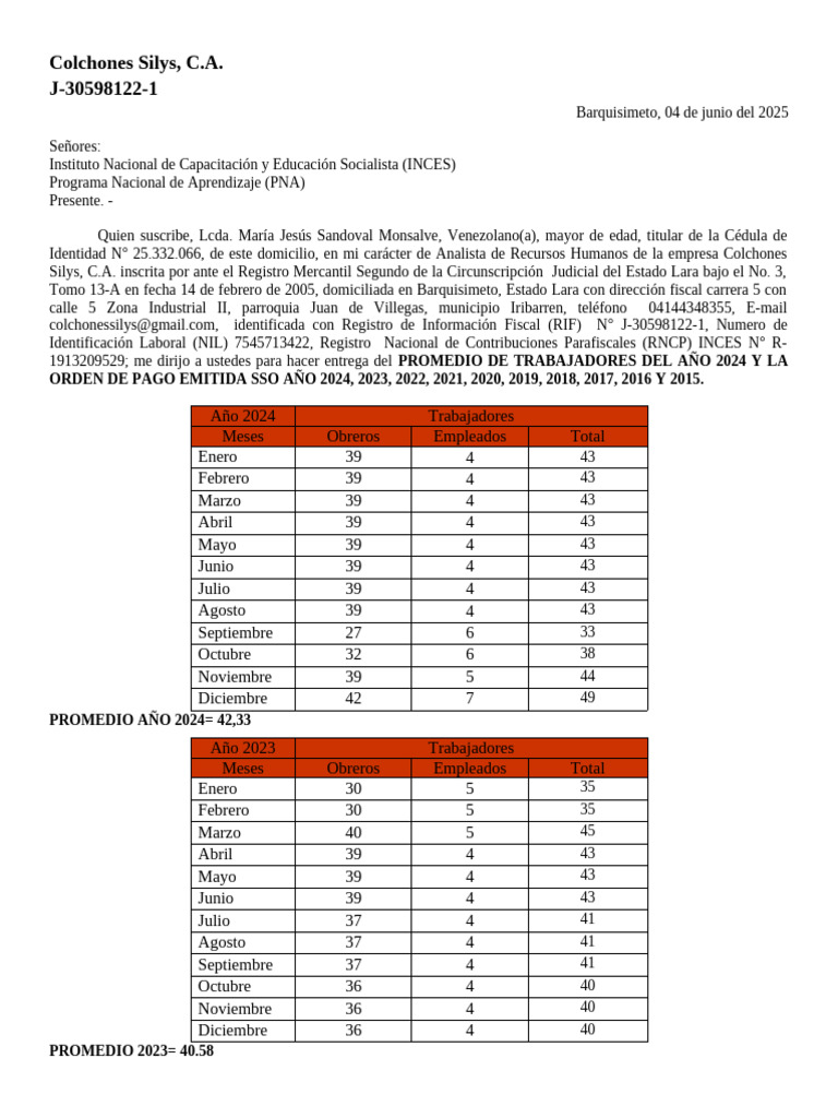 Promedio de Trabajadores 2015-2024 | PDF