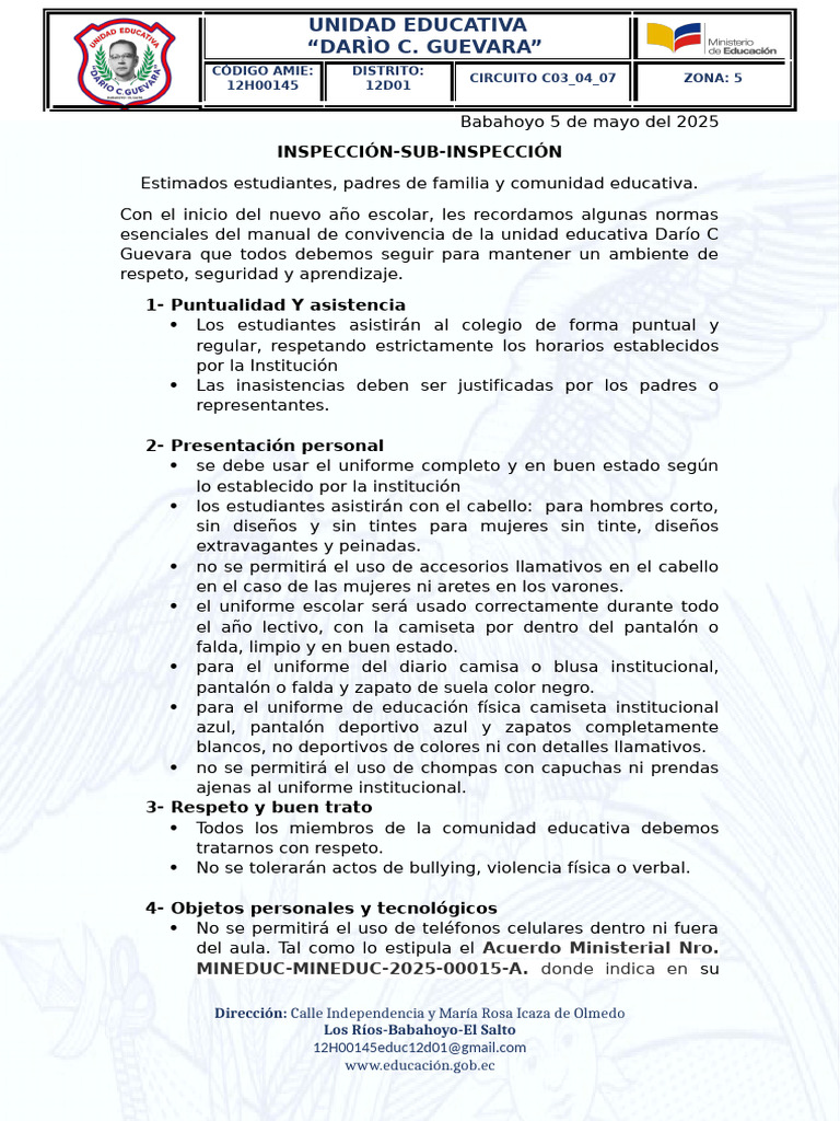 Normas de Convivencia Escolar 2025 | PDF