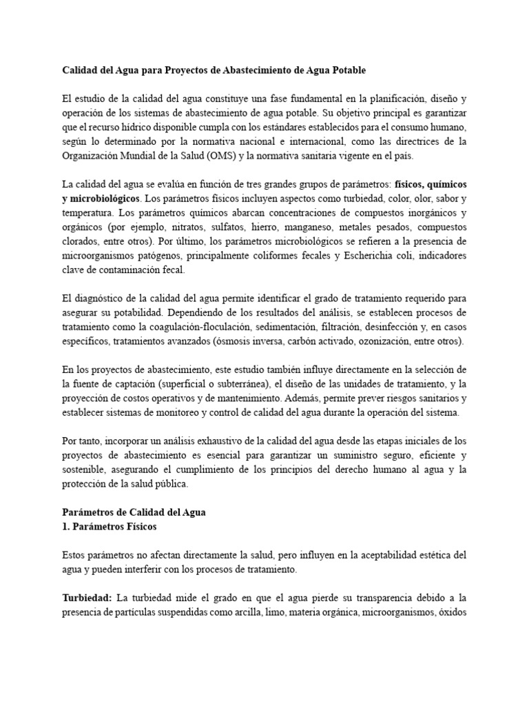 Calidad del Agua en Abastecimiento Potable | PDF | Agua | Agua potable