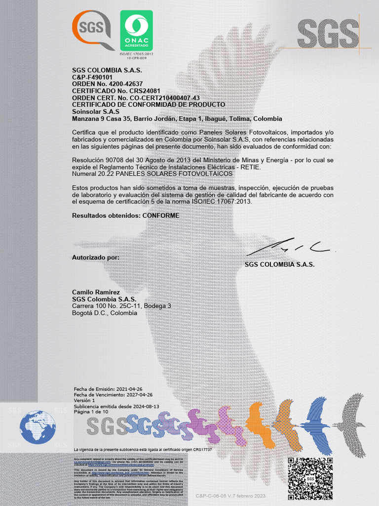 Formato 3 - 001 - Certificado - Panel - Español | PDF | Solar Panel ...