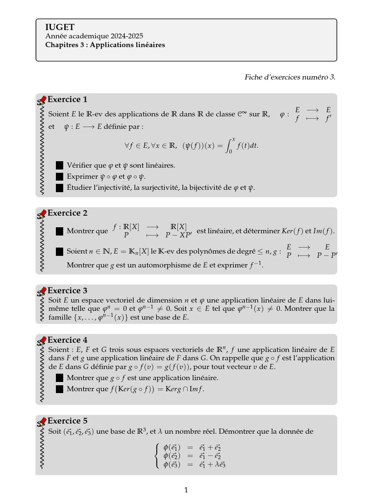 Exercices sur les applications linéaires | PDF | Base (algèbre linéaire ...