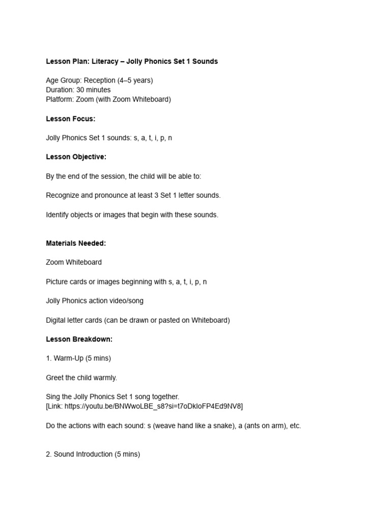 Jolly Phonics Set 1 Lesson Plan PDF