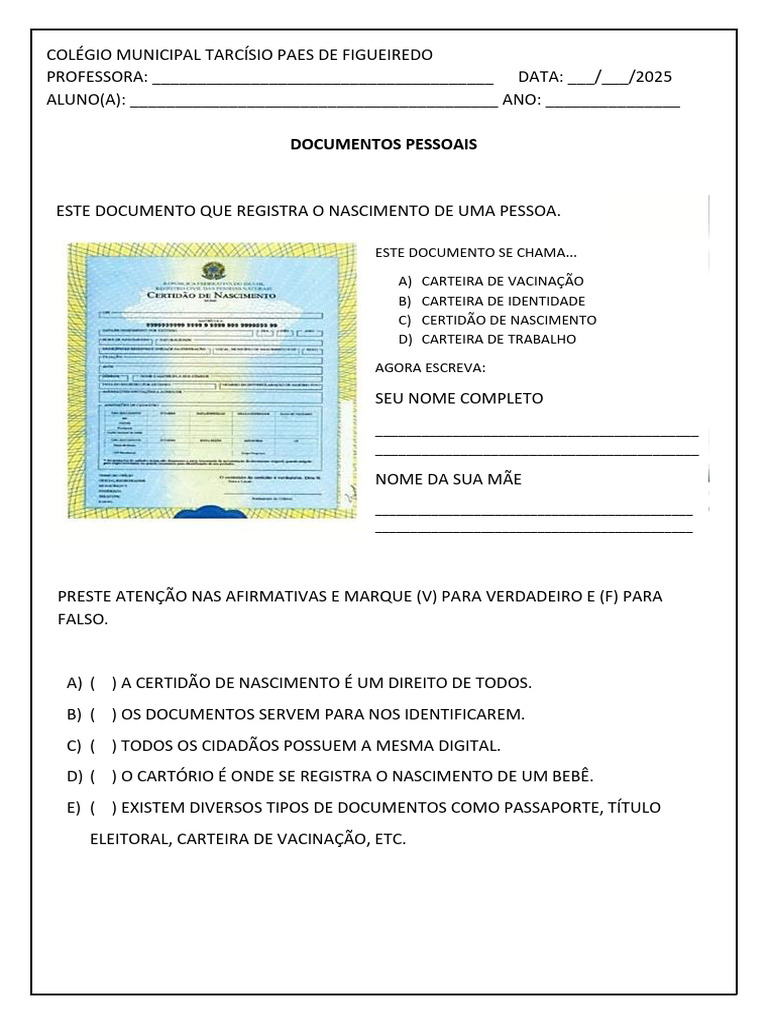 Atividades sobre Documentos Pessoais 2º Ano | PDF
