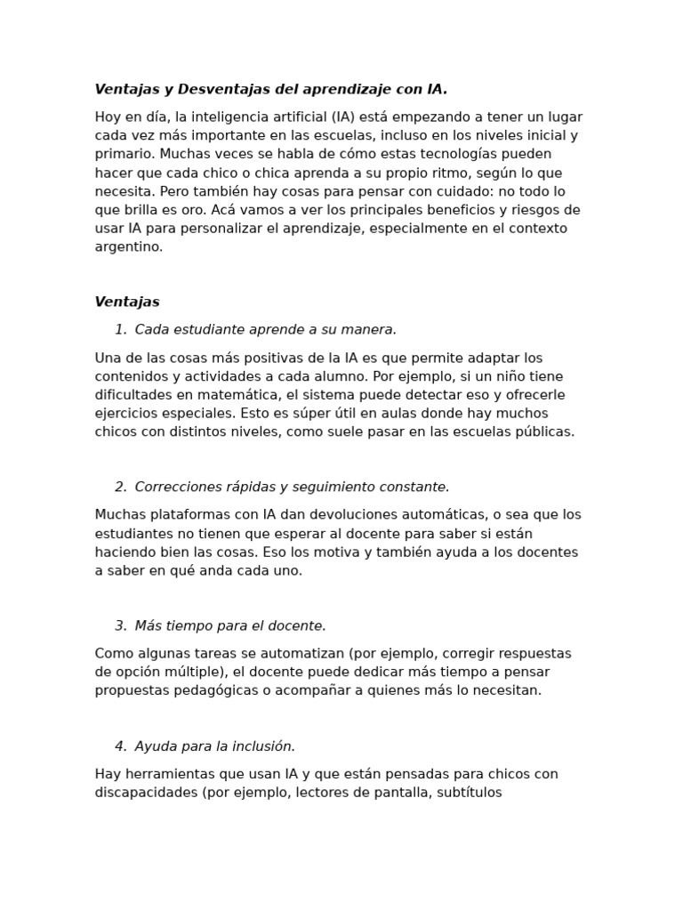 Ventajas y Desventajas de la IA en Educación | PDF | Inteligencia ...