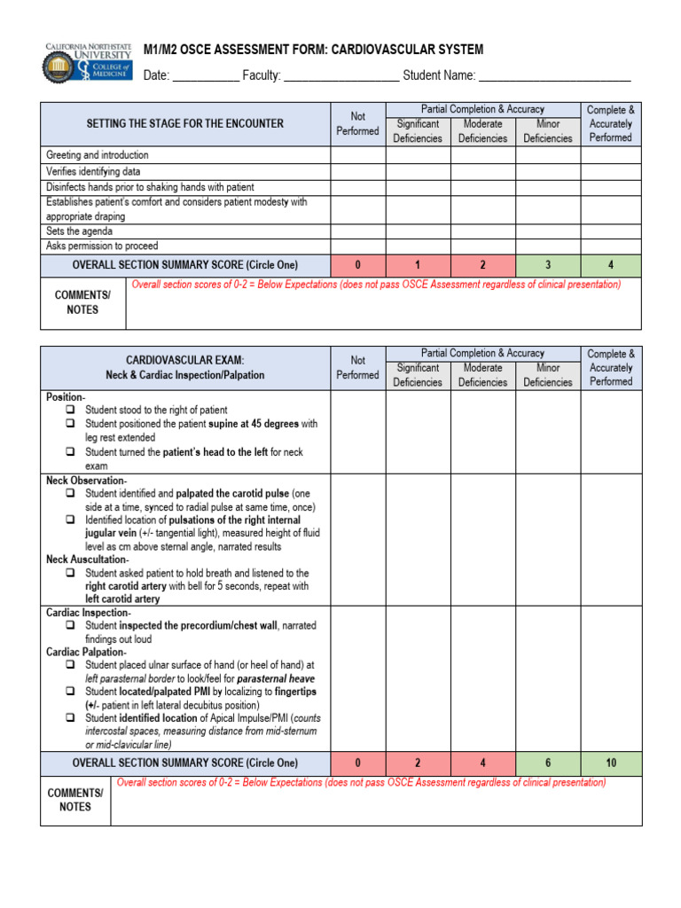 CV OSCE Checklist 2022 | PDF | Pulse | Circulatory System
