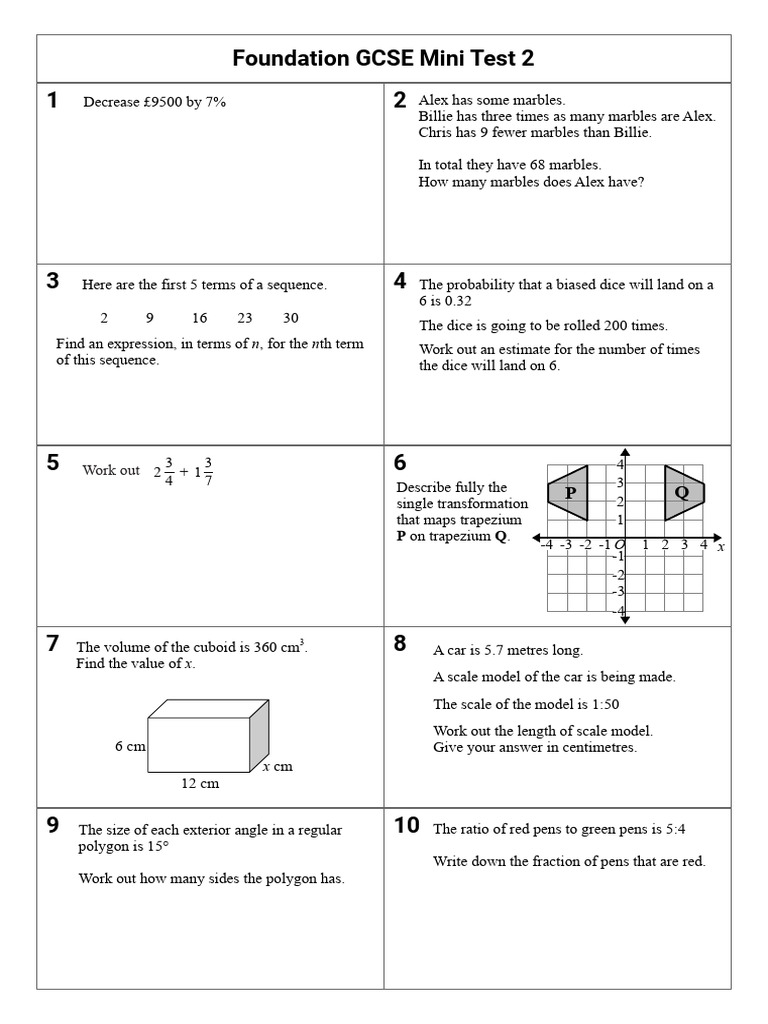 Foundation GCSE Maths Mini Test 2 | PDF