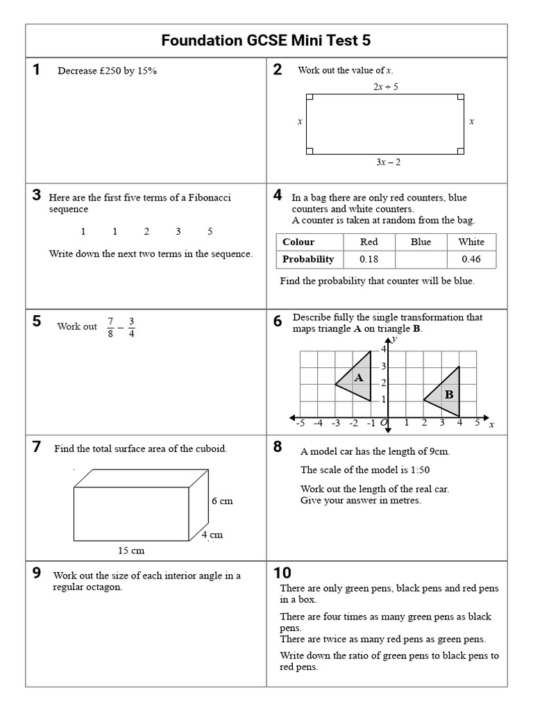 Foundation GCSE Maths Mini Test 5 | PDF