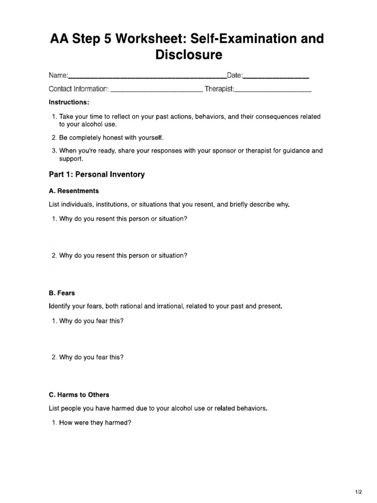 AA Step 5 Worksheets Self Examination and | PDF
