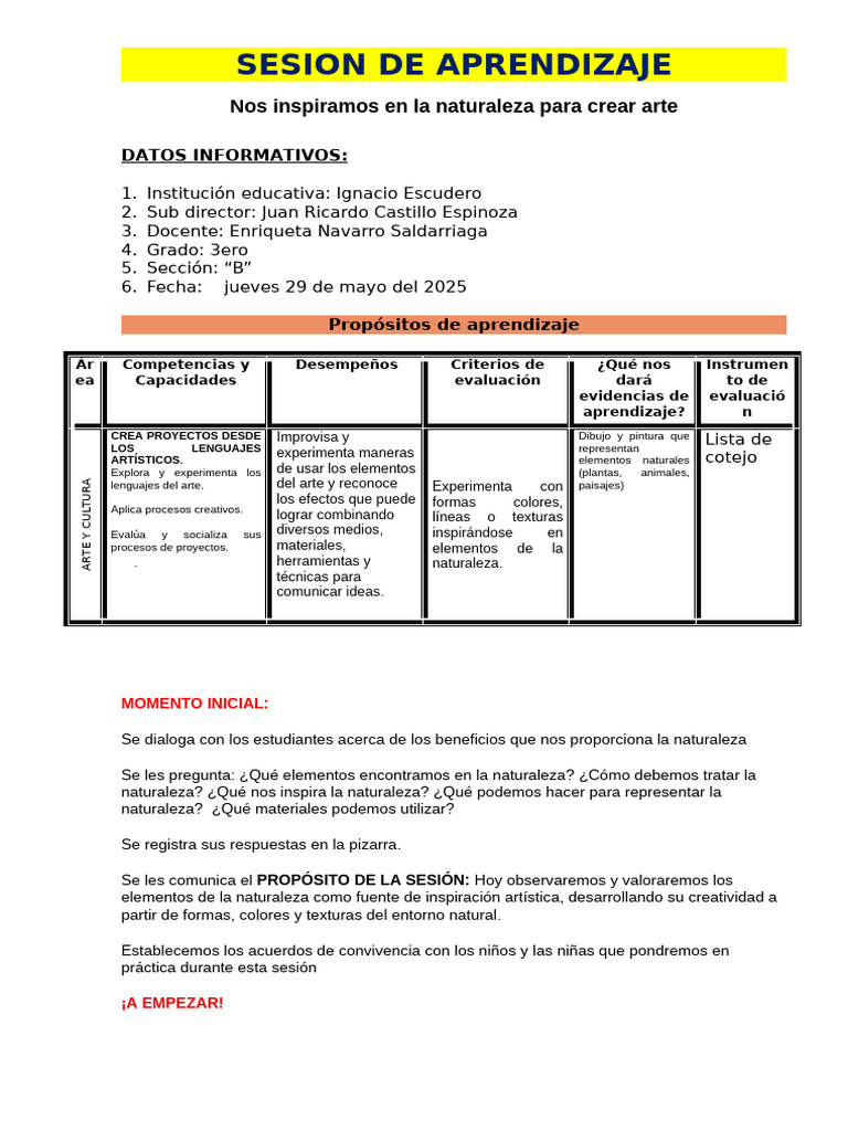 Sesion de Aprendizaje Me Inspiiro en La Anturaleza 33 | PDF ...