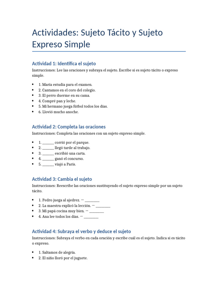 Actividades Completas Sujeto Tacito Expreso Pdf