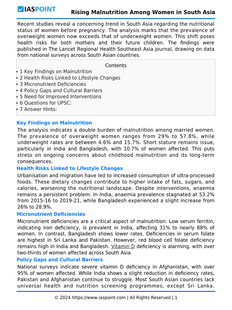 Rising Malnutrition Among Women in South Asia | PDF | Malnutrition ...