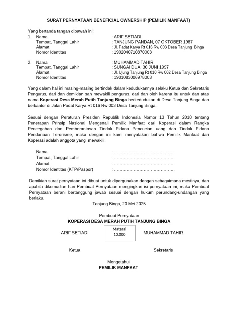 Draft Surat Pernyataan Beneficial Ownership | PDF