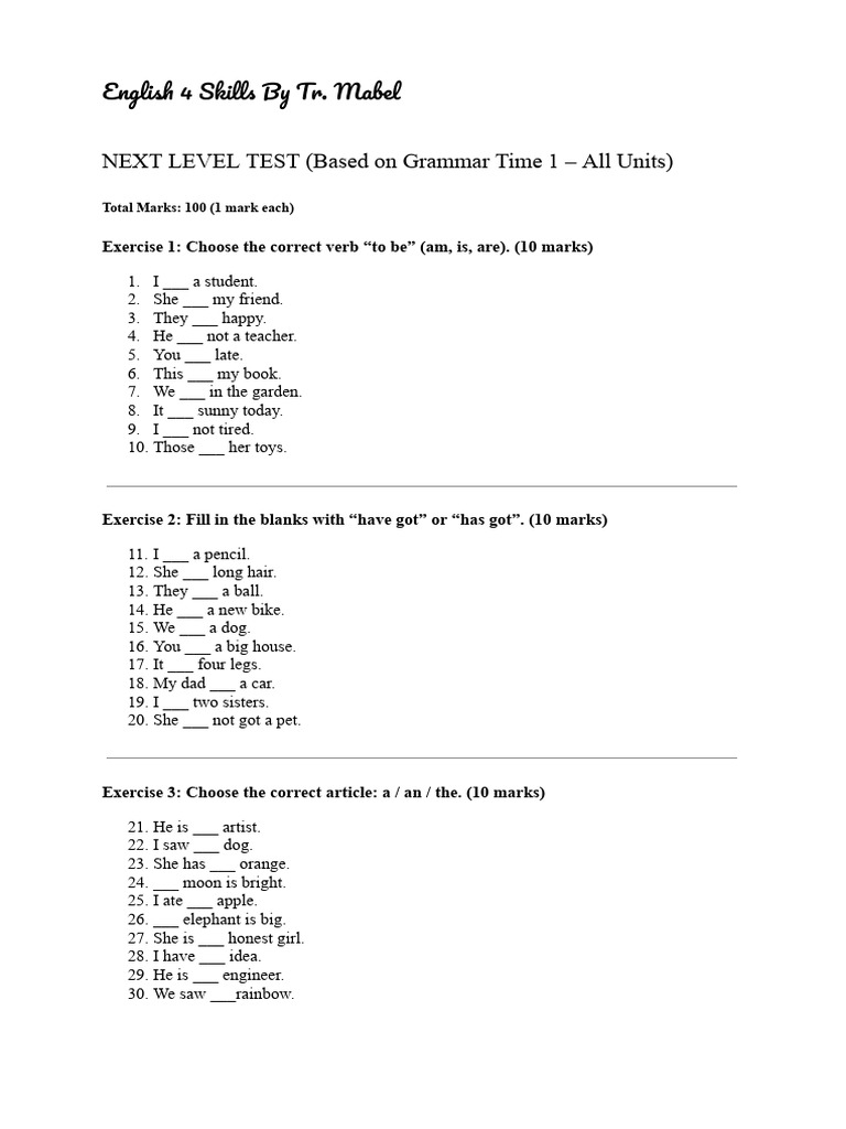 English Grammar Skills Test for Students | PDF | Chess Theory | Chess