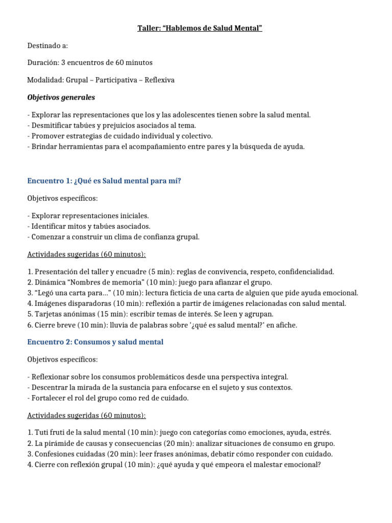 Taller de Salud Mental para Adolescentes | PDF | Salud mental | Sicología