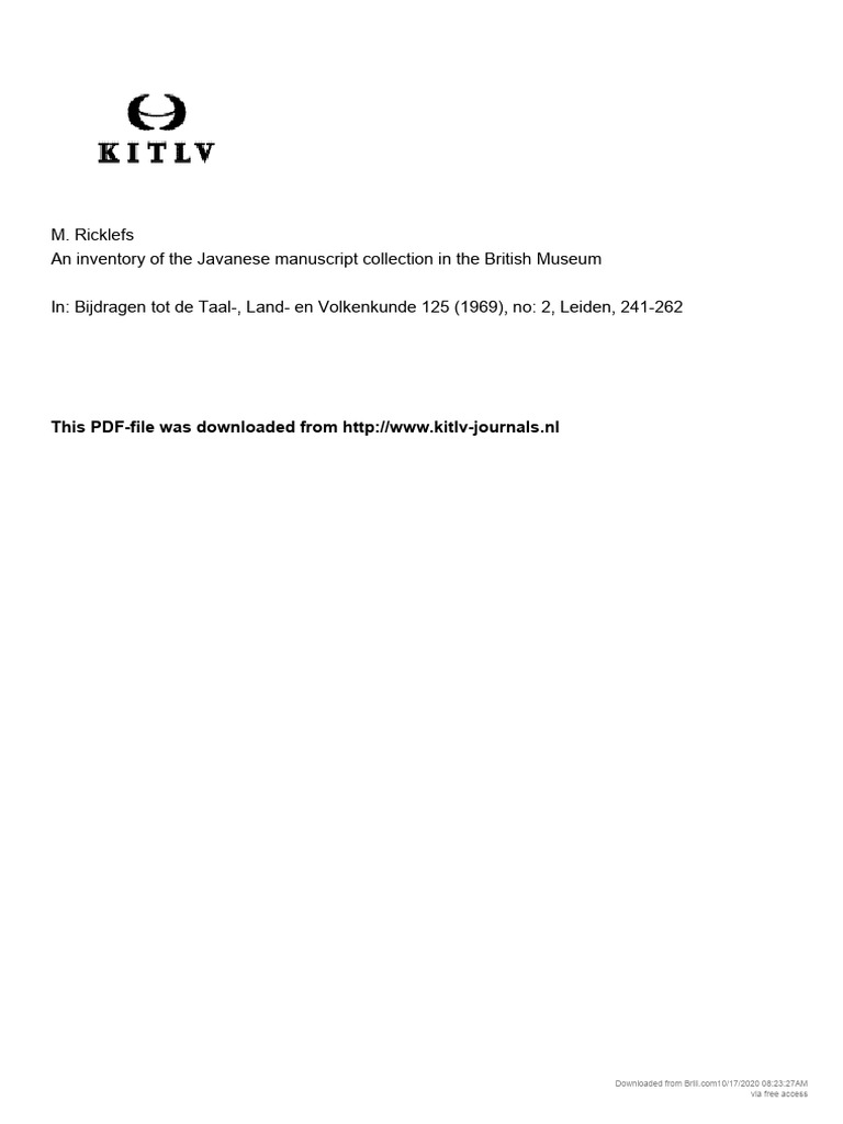 M. Ricklefs An Inventory of The Javanese Manuscript Collection in The ...