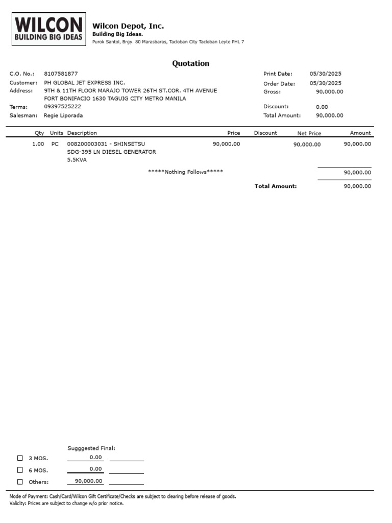 Quotation for Diesel Generator Purchase | PDF
