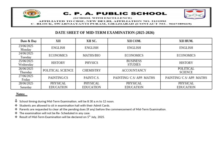 DATE SHEET of Mid Term 2025-2026 | PDF