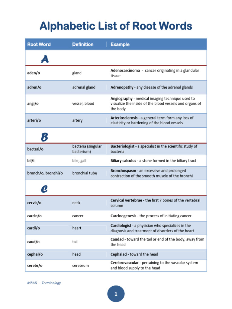 Aden Root Word Definitions | PDF | Vertebral Column | Abdomen