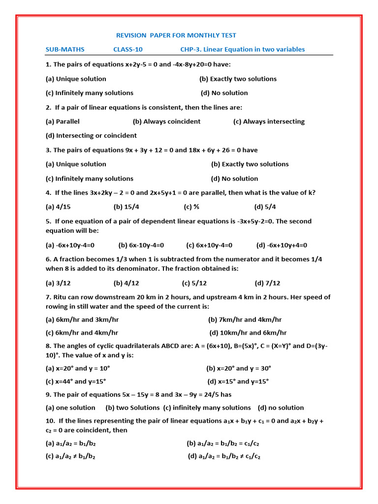 Revision Paper For Monthly Test 10 | PDF | System Of Linear Equations ...