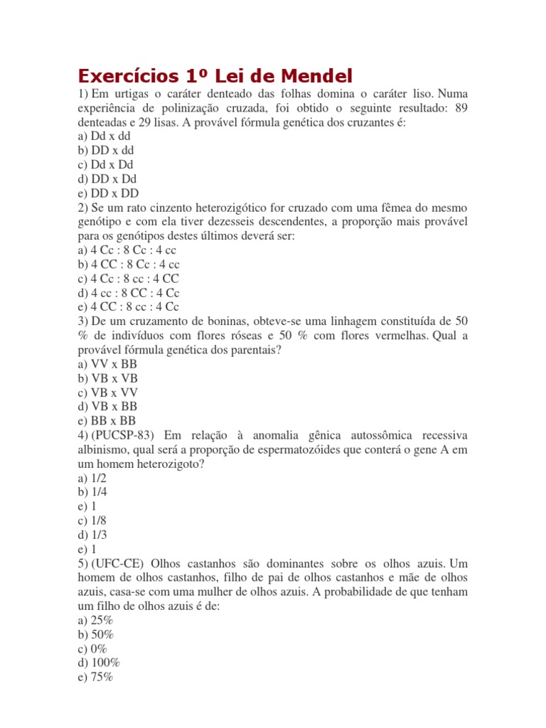 Exercícios 1º Lei de Mendel I | Dominância (Genética) | Genética