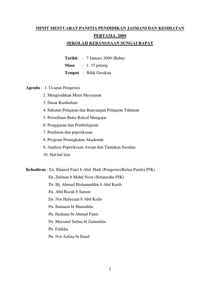 Minit Mesyuarat Panitia Pendidikan Jasmani Dan Kesihatan Pdf