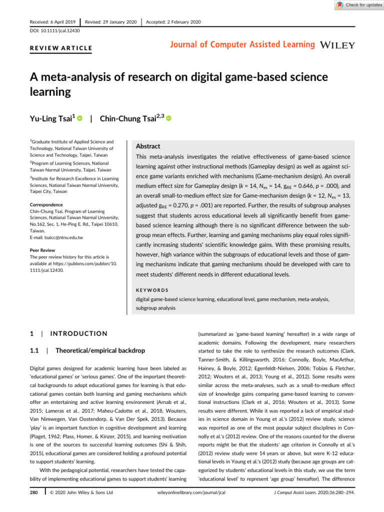 Computer Assisted Learning - 2020 - Tsai - A Meta Analysis of Research ...