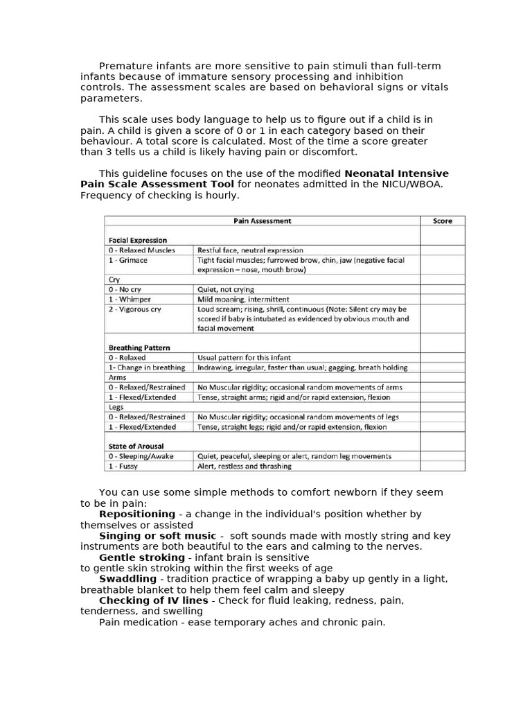 Neonatal Pain Assessment Guidelines | PDF