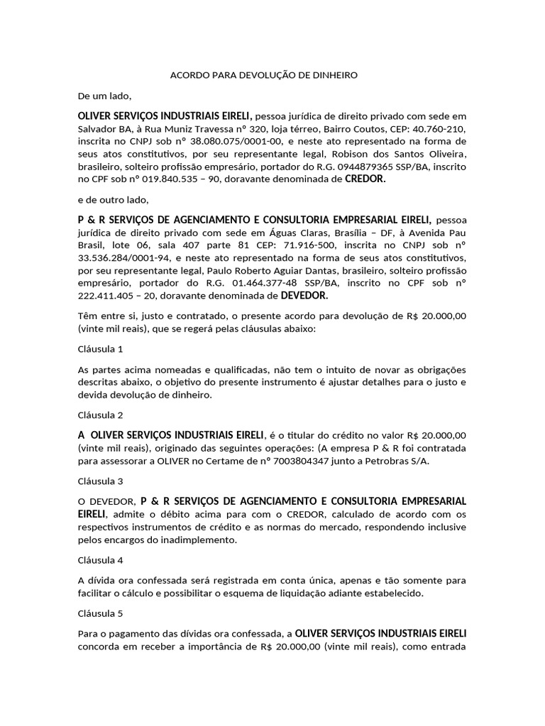 Minuta Contrato Acordo Oliver X P & R | PDF | Conta de transação | Crédito