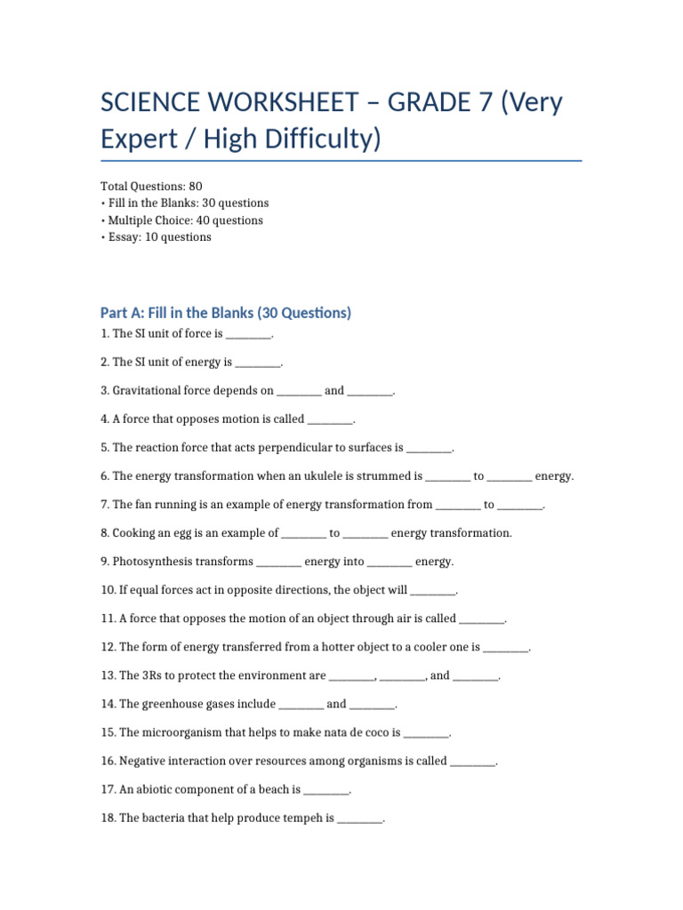 Grade 7 Science Worksheet: 80 Questions | PDF | Planets | Earth