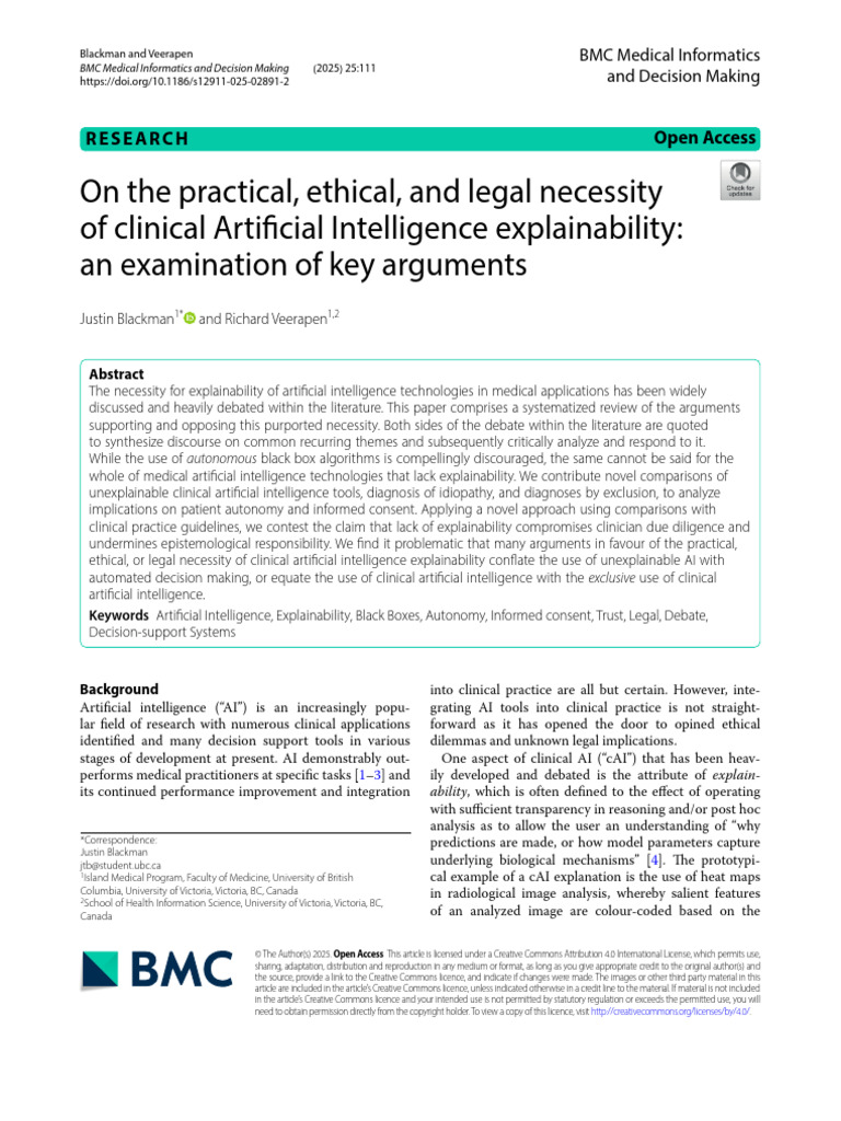 Necessity of Explainability in Clinical AI | PDF | Artificial ...
